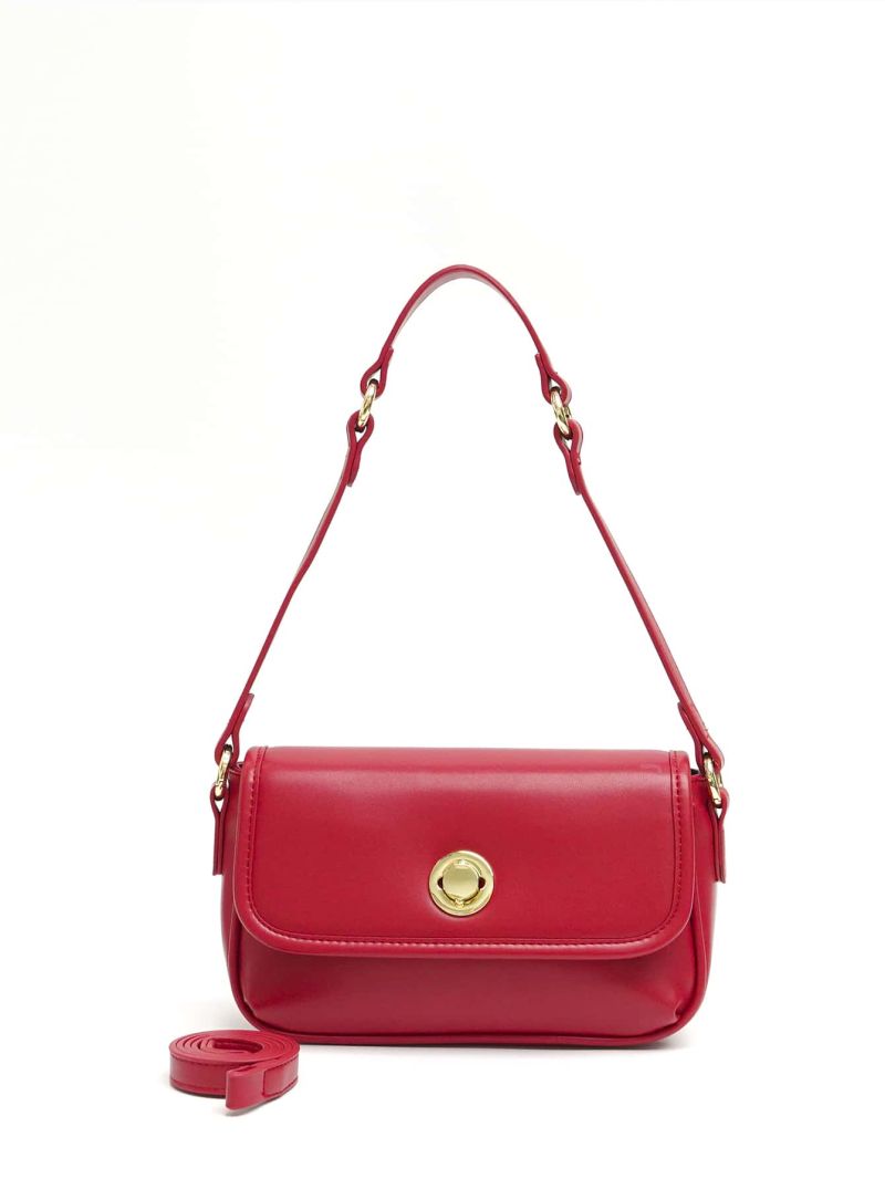 Neon Red Shoulder Bag Metal Decor Flap Square Bag