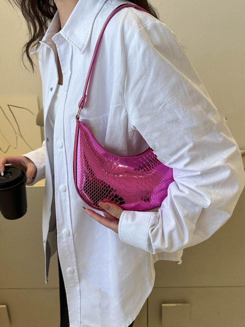 Metallic Snakeskin Embossed Saddle Bag Neon Pink
