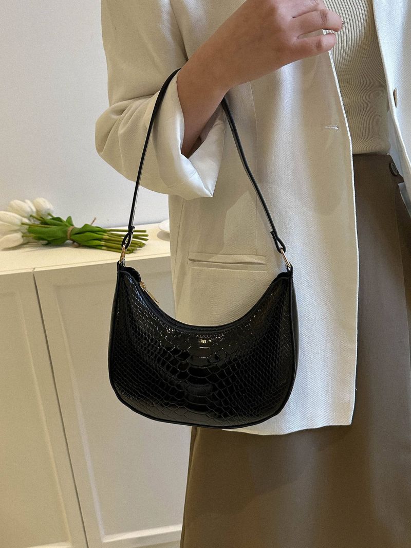Minimalist Hobo Bag Crocodile Embossed Small Black For Daily