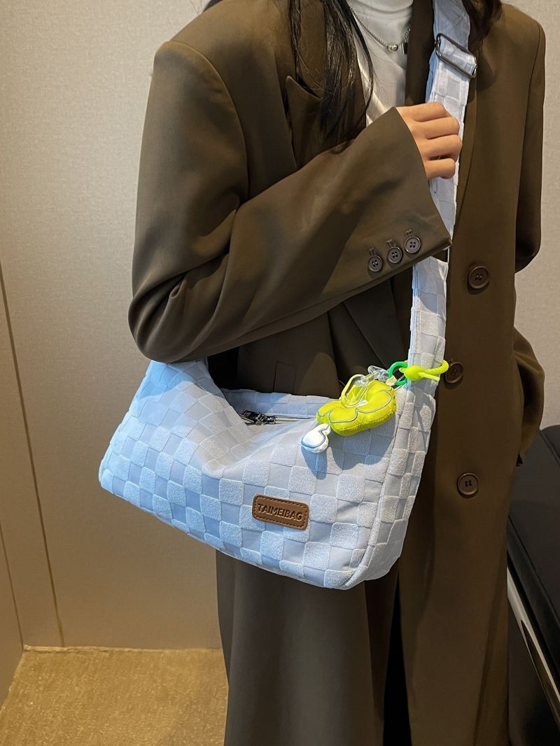 Checkered Hobo Bag Bag Charm Decor Blue For School