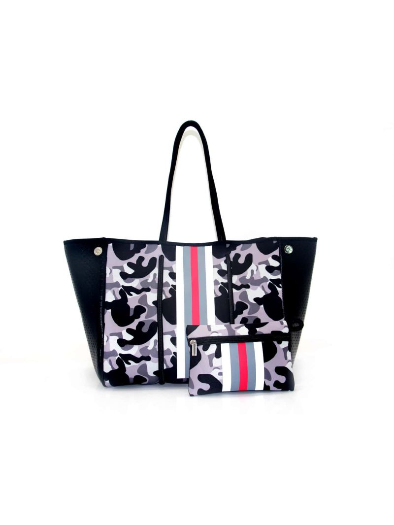 Camo Pattern Shopper Bag Colorblock Striped With Coin Purse
