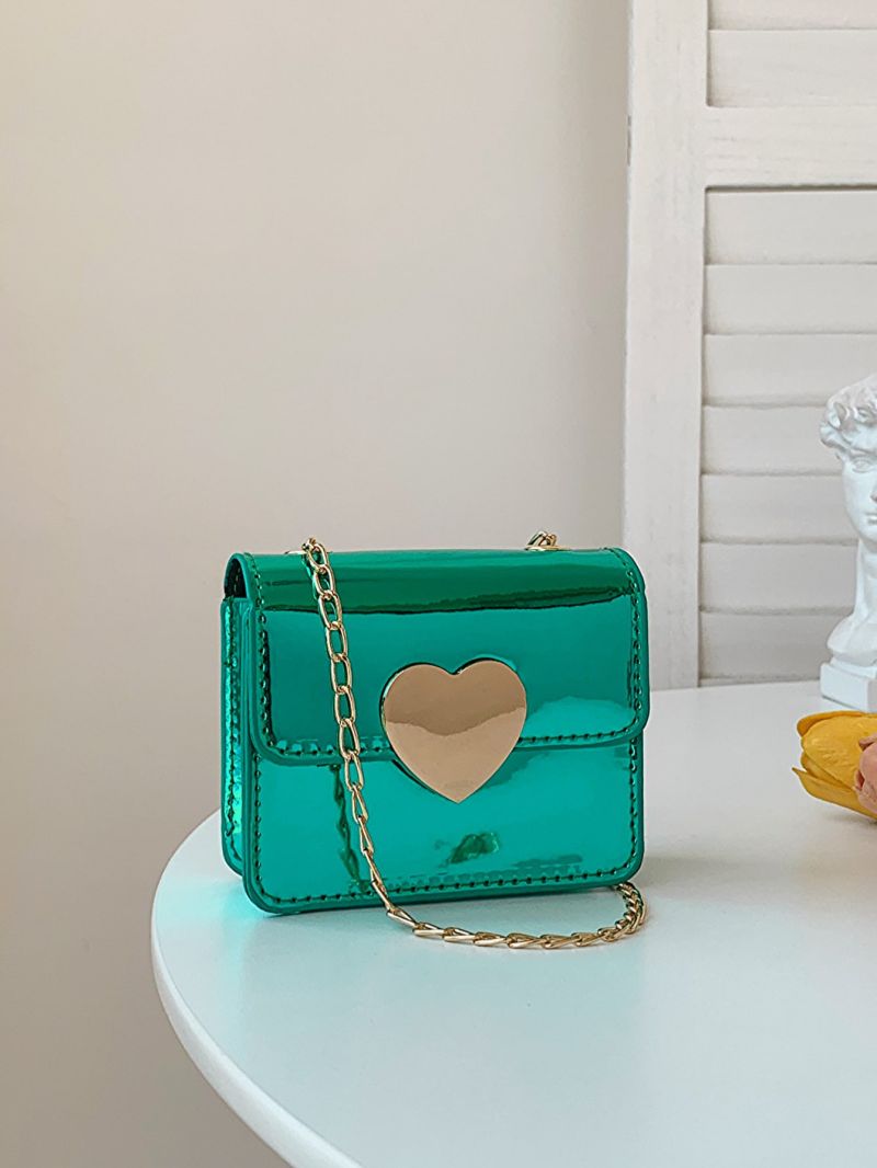 Mini Square Bag Heart Decor Metallic Chain Strap