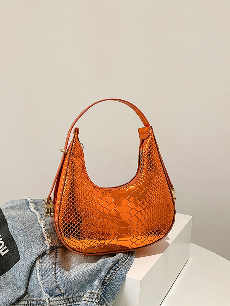 Mini Metallic Hobo Bag Crocodile Embossed Orange For Party