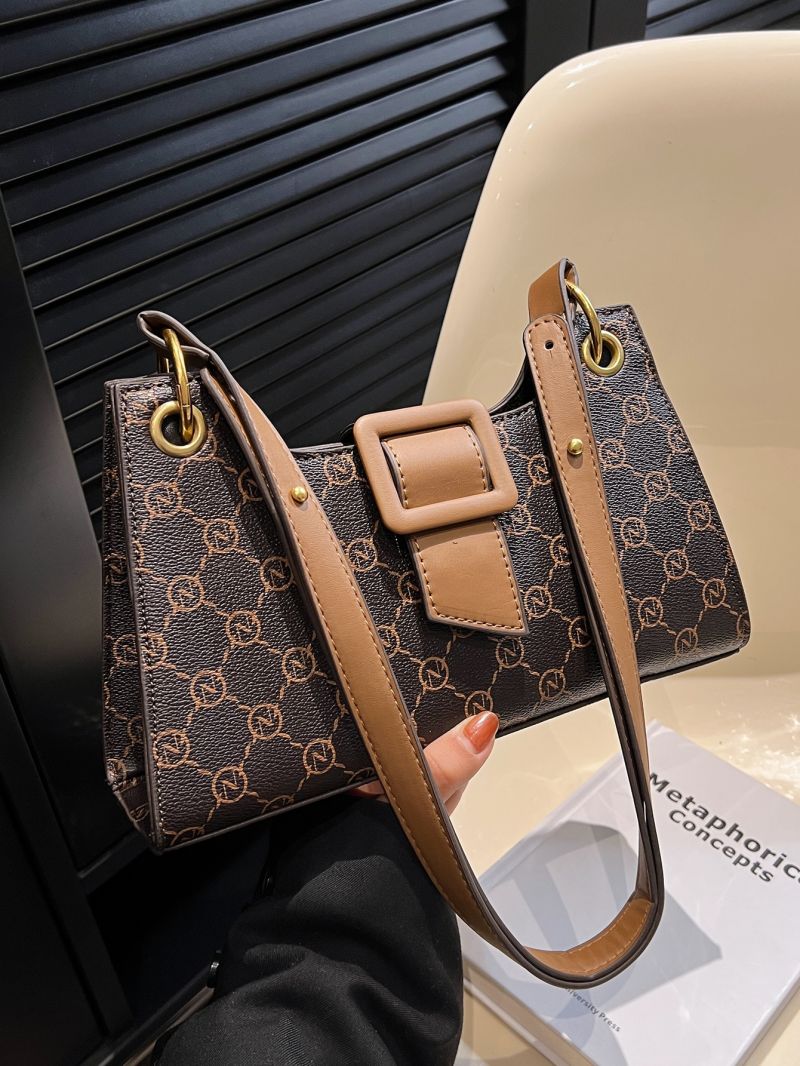 Letter Graphic Hobo Bag Buckle Decor Brown For Work Office
