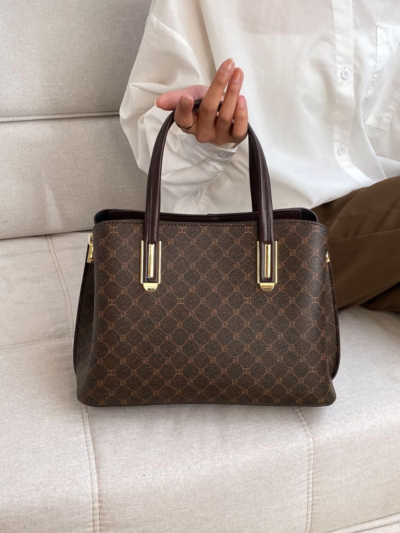 All Over Print Square Bag Brown Elegant Double Handle For Work