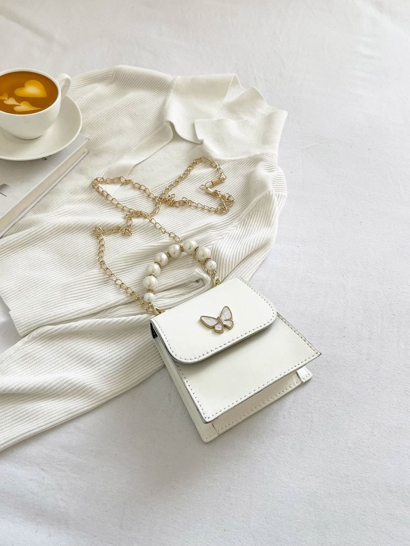 Mini Square Bag Green Butterfly & Faux Pearl Beaded Decor Chain Strap For Summer