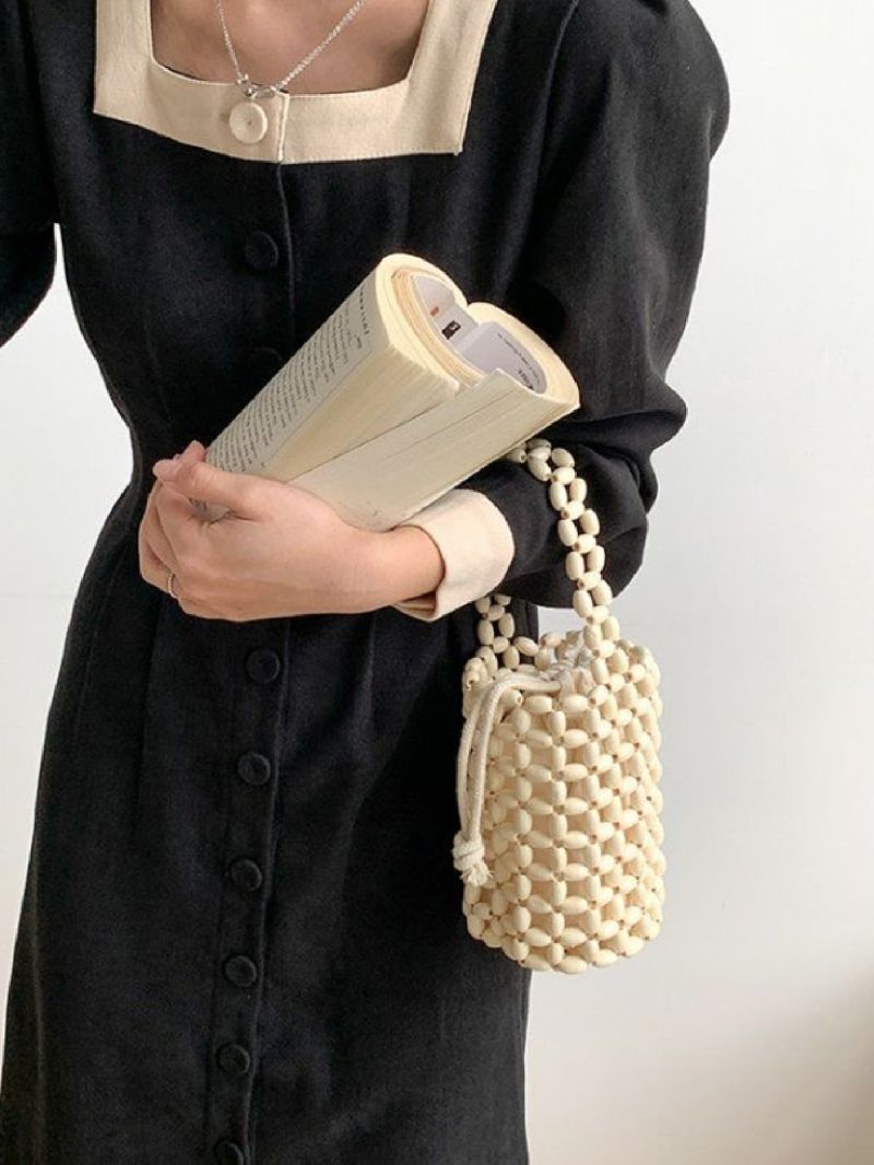 Mini Vacation Satchel Bag With Inner Pouch Bead Decor Hollow Out Bamboo For Daily