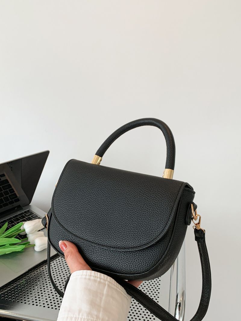 Mini Black Litchi Embossed Saddle Bag Solid Flap With Adjustable-strap For Daily Life