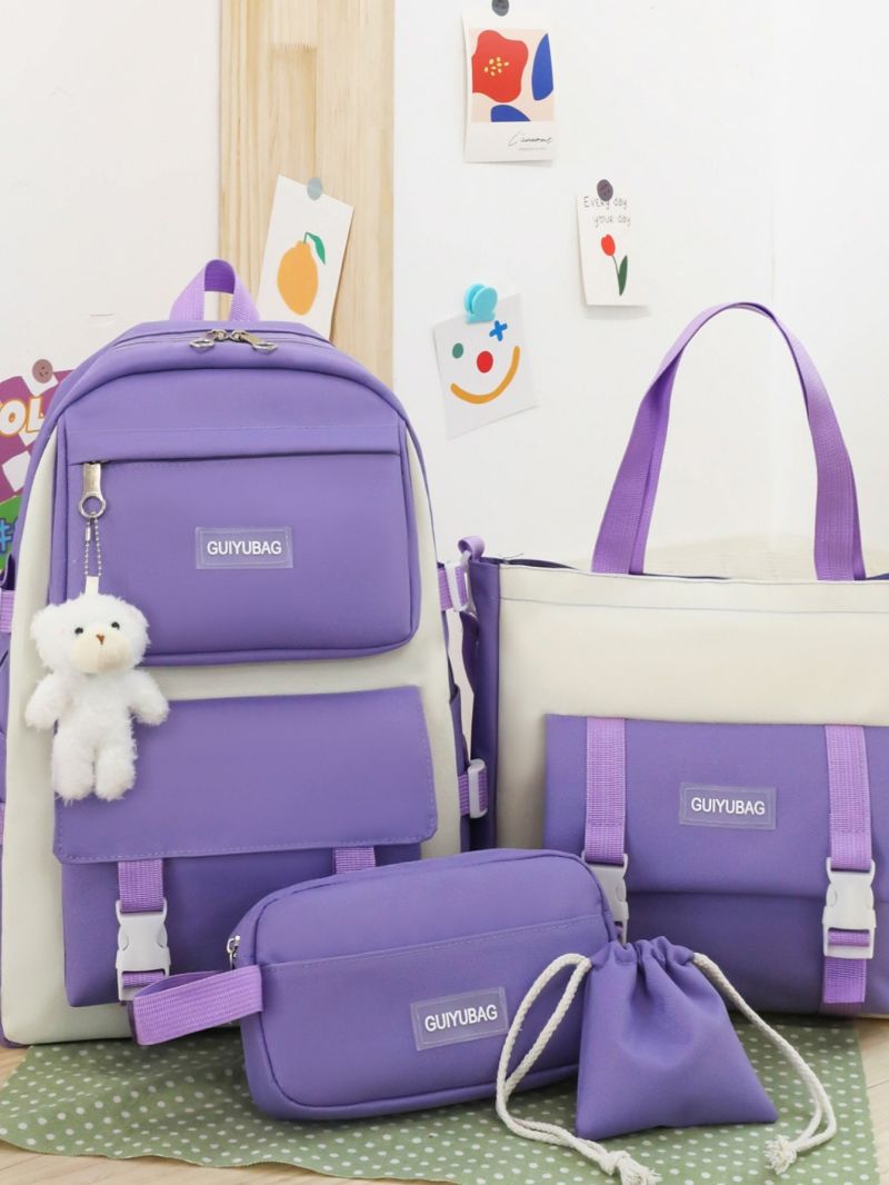 4pcs Letter Graphic Classic Backpack Set Tote Bag Square Bag Coin Purse With Bag Charm For School