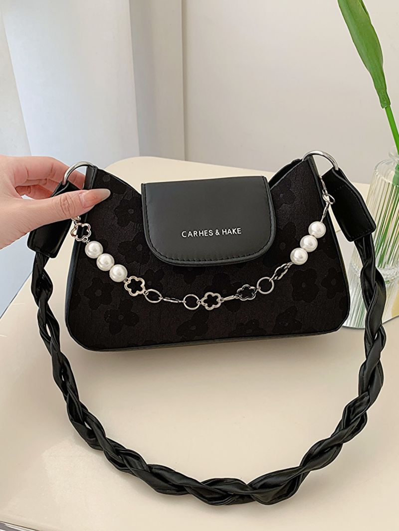 Letter Graphic Baguette Bag Faux Pearl Beaded For Daily