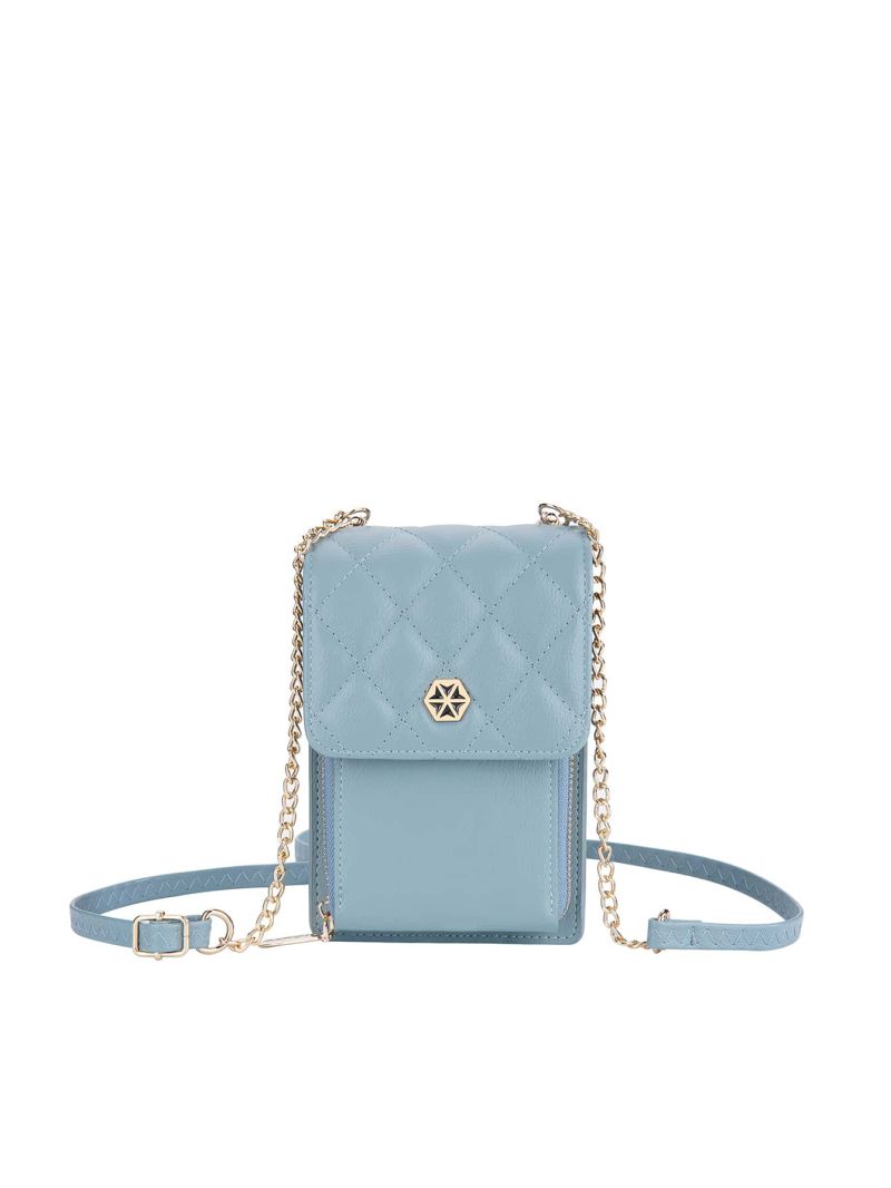 Quilted Phone Wallet Blue Metal Decor Credit Card Holder For Daily