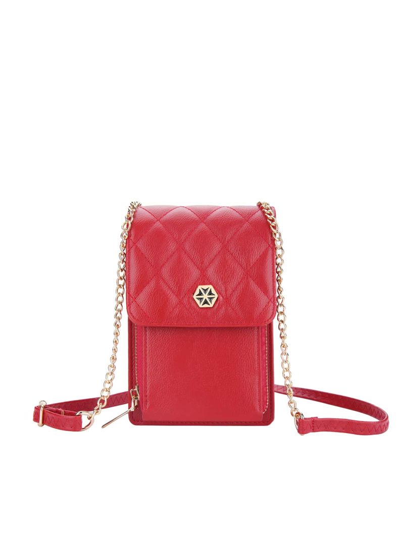 Quilted Phone Wallet Red Metal Decor Credit Card Holder For Daily