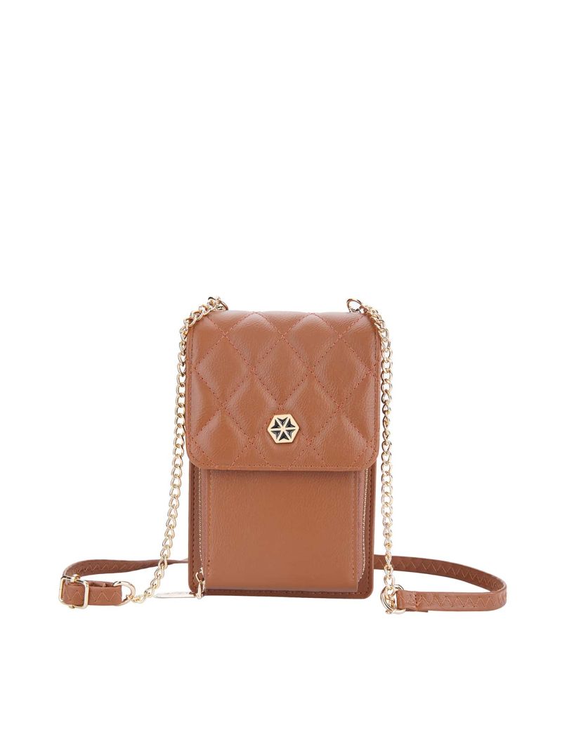 Quilted Phone Wallet Brown Metal Decor Credit Card Holder For Daily