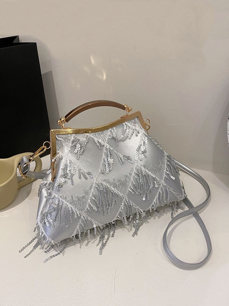 Satin Evening Bag Glamorous Sequins Decor Adjustable-strap Double Handle Kiss Lock For Evening