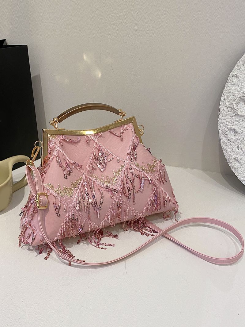 Sequin Decor Square Bag Kiss Lock Silver Glamorous
