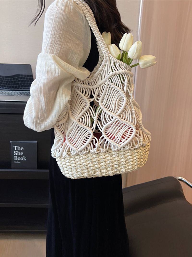 Plain Tote Bag Vacation Hollow Decor Double Handle No-closure For Travel