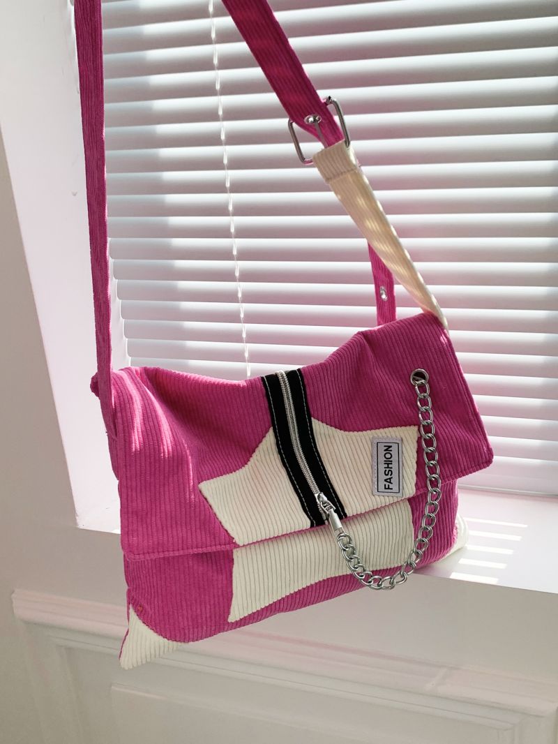 Two Tone Hobo Bag Letter Patch & Chain Decor Neon Pink