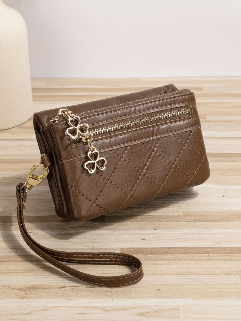 Fashionable Brown Small Wallet Shamrock Decor Stitch Detail PU For Daily Life
