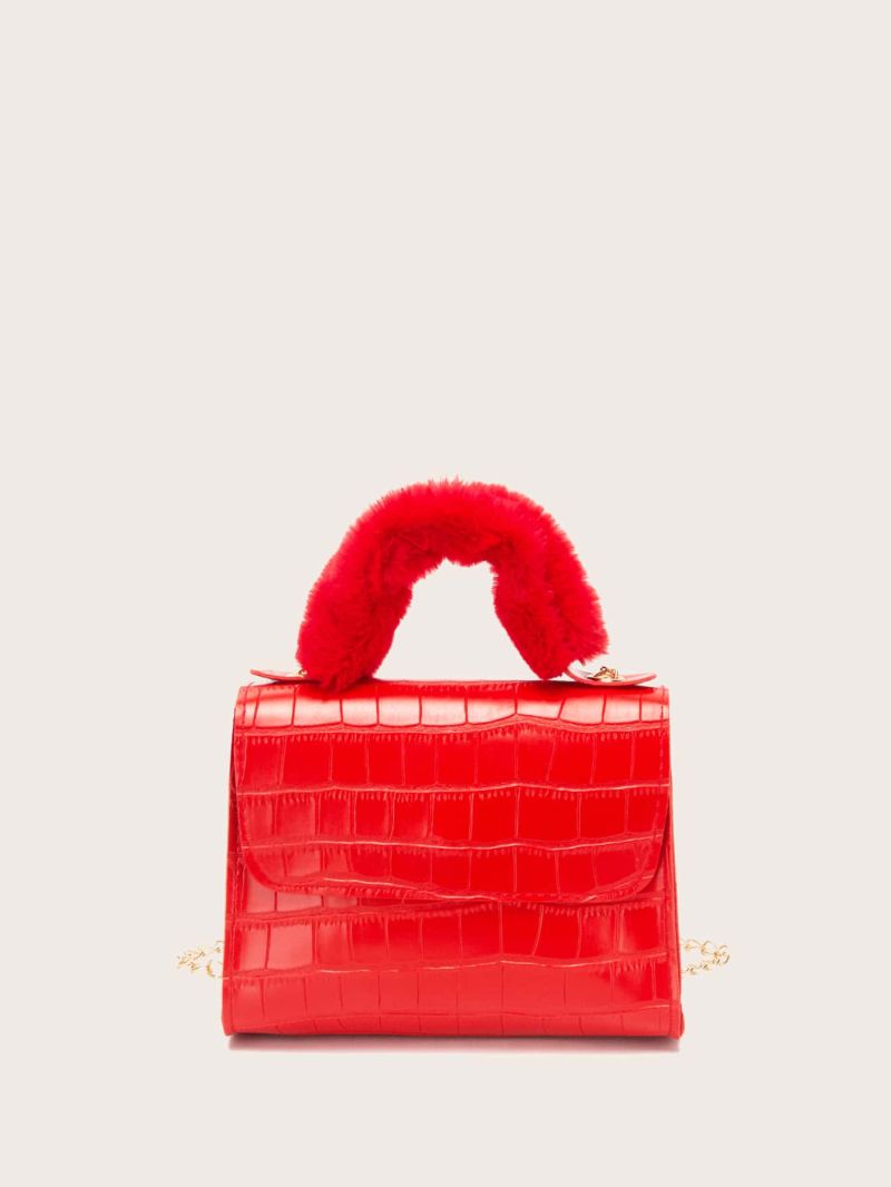 Mini Square Bag Crocodile Embossed Fluffy Handle PU Neon Red For Daily Life