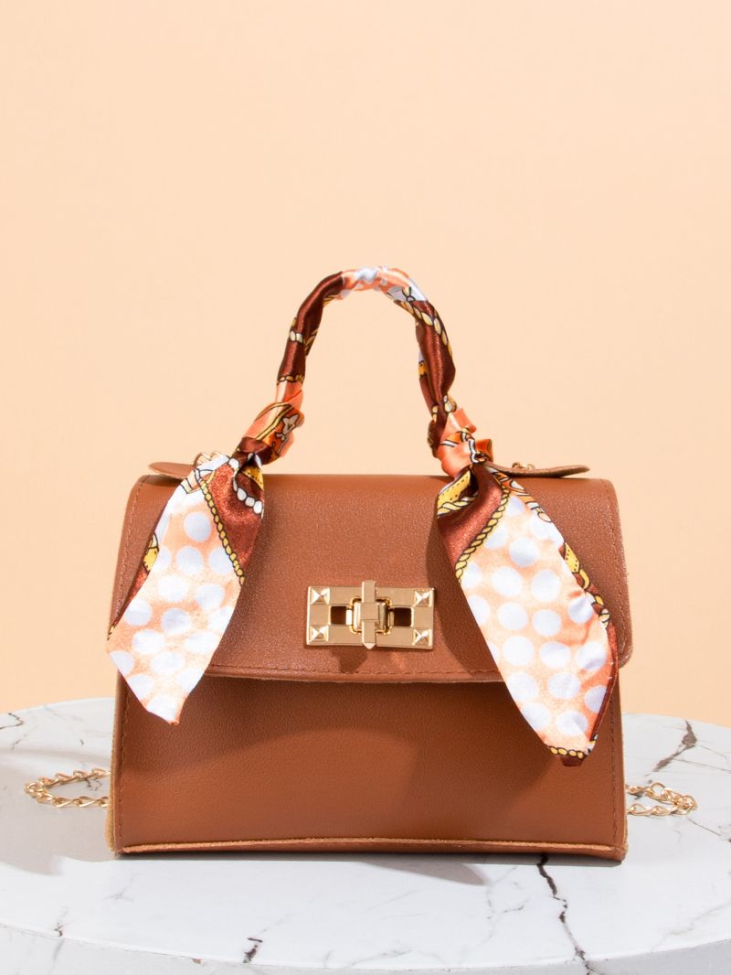 Mini Square Bag Random Pattern Twilly Scarf Decor PU Flap For Daily Life