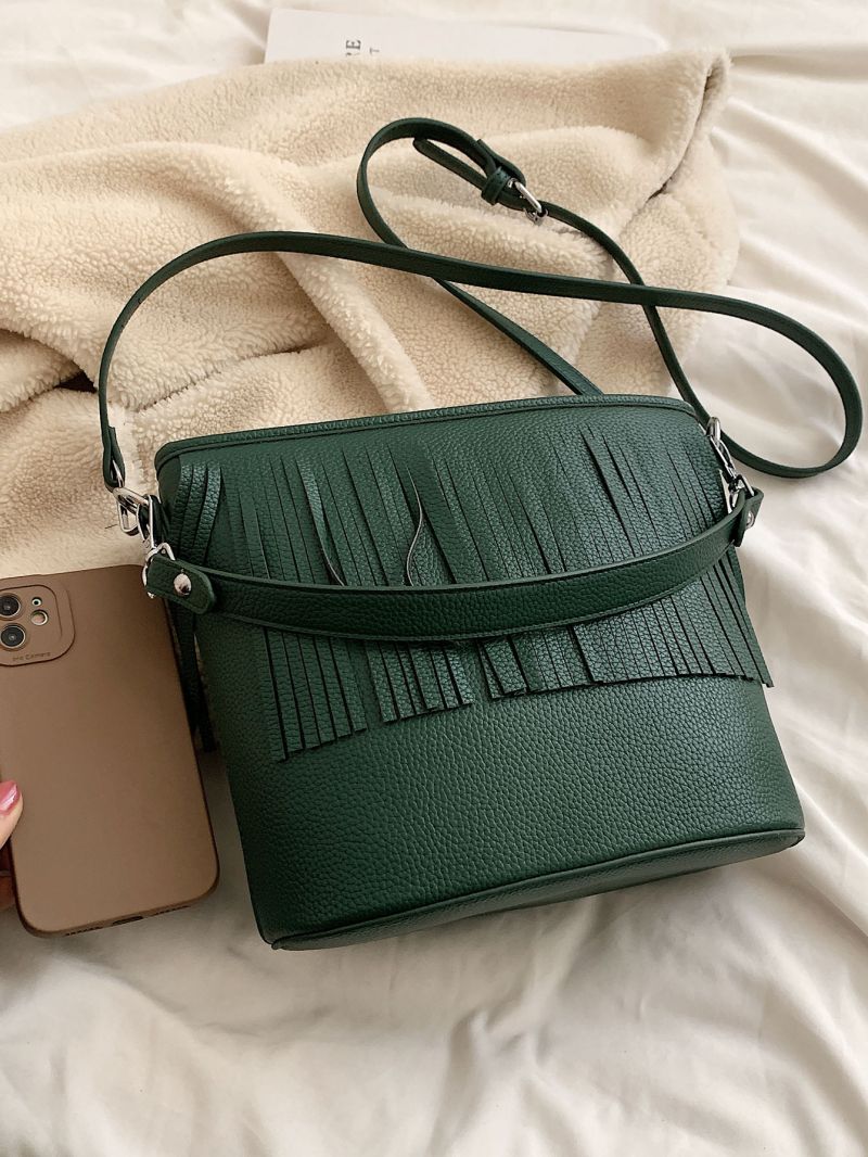 Litchi Embossed Square Bag Fringe Decor PU For Daily Life
