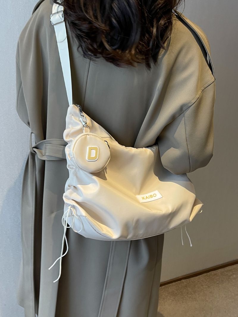 Letter Patch Detail Hobo Bag With Coin Purse Drawstring Decor Nylon For Daily Life