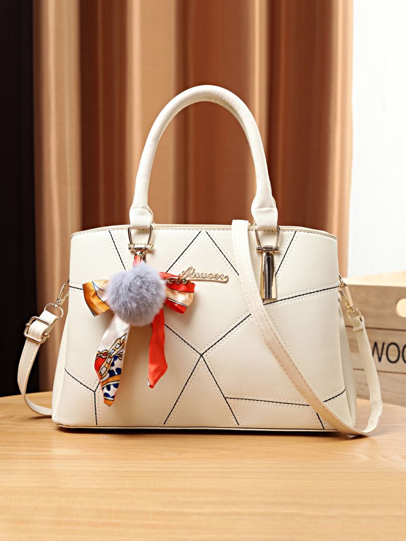 Medium Square Bag Geometric Pattern Letter Decor With Bow & Pom Pom Bag Charm