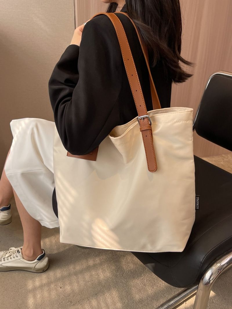 Large Shoulder Tote Bag Letter Patch Buckle Decor For Daily