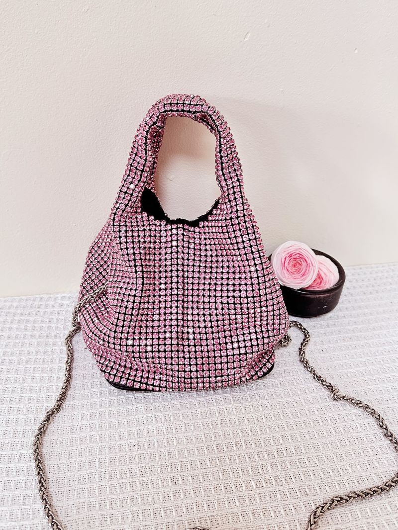Mini Evening Bag Rhinestone Decor Glamorous Pink