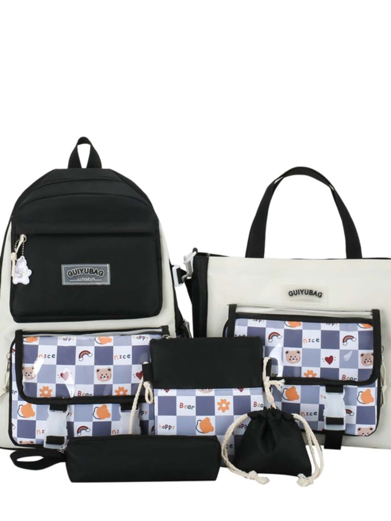 5pcs Backpack Set Cartoon Pattern Classic Backpack Top Handle Bag Square Bag With Bag Charm