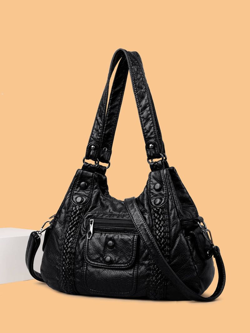 Medium Shoulder Tote Bag Button Decor Braided Detail