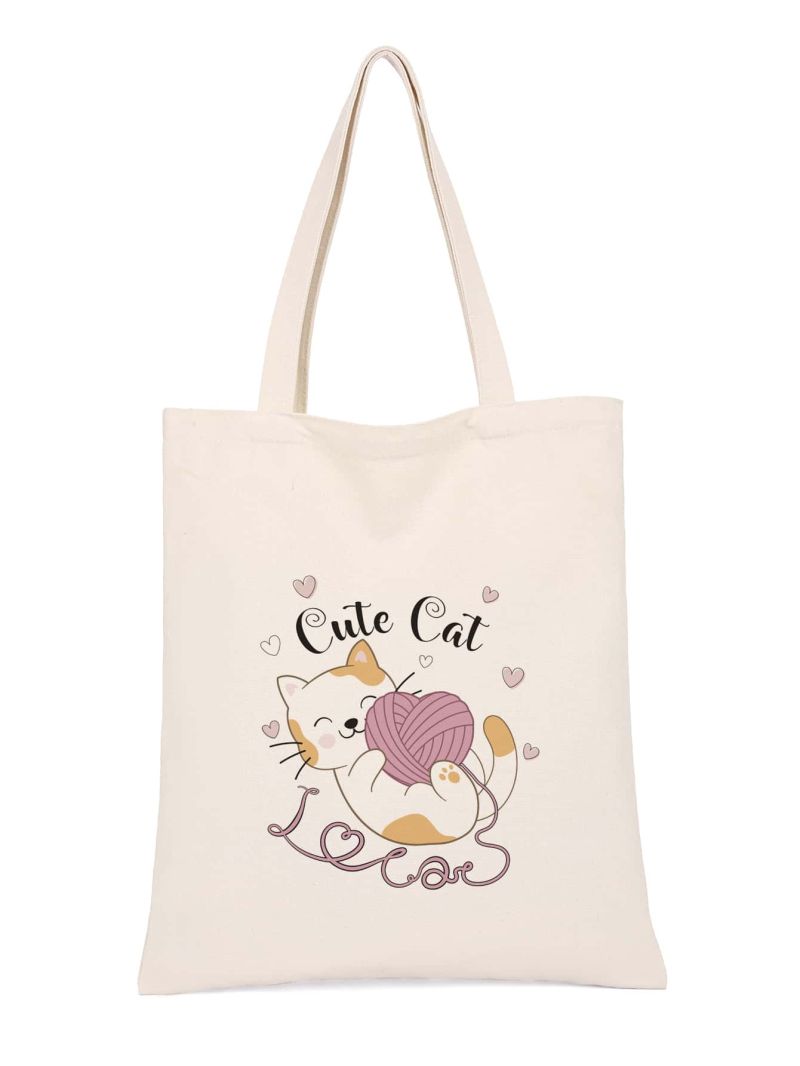 Small Shopper Bag Letter & Cartoon Cat Pattern Double Handle For Shopping