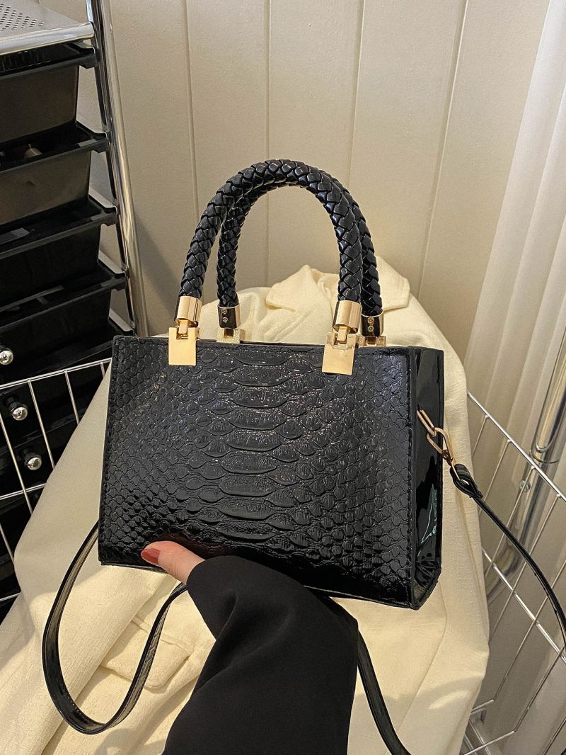 Mini Square Bag Snakeskin Embossed Braided Detail PU For Daily Life
