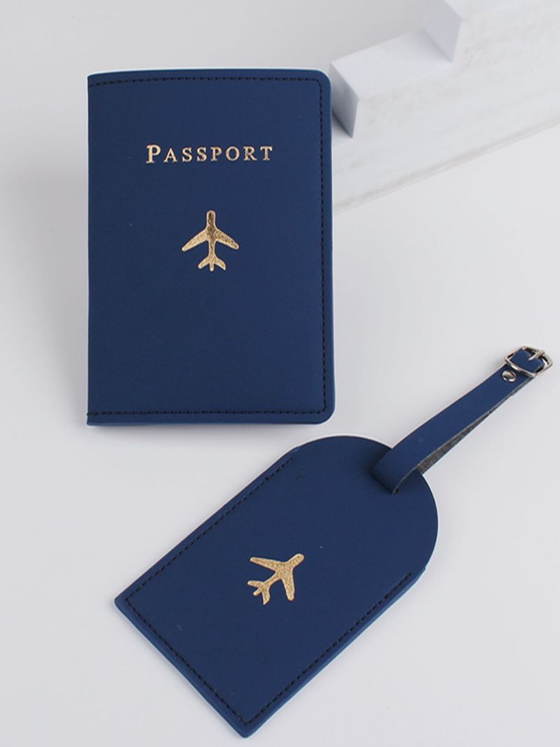 Letter & Airplane Graphic Passport Case With Luggage Tag PU