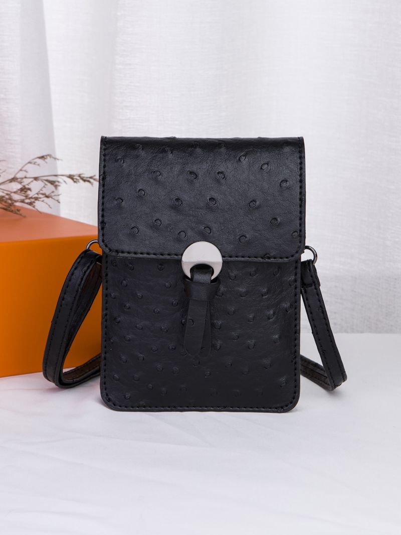 Mini Ostrich Embossed Phone Wallet Black Metal Decor