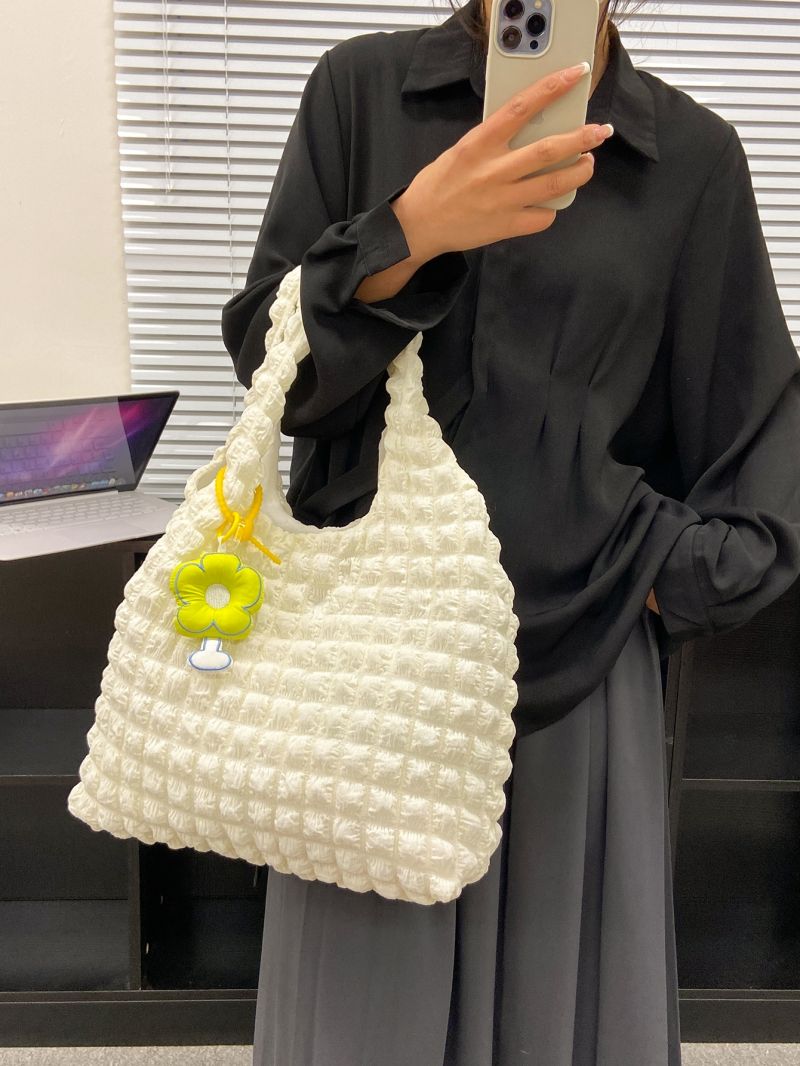 Medium Shoulder Tote Bag Beige Ruched Detail Double Handle With Bag Charm For Daily