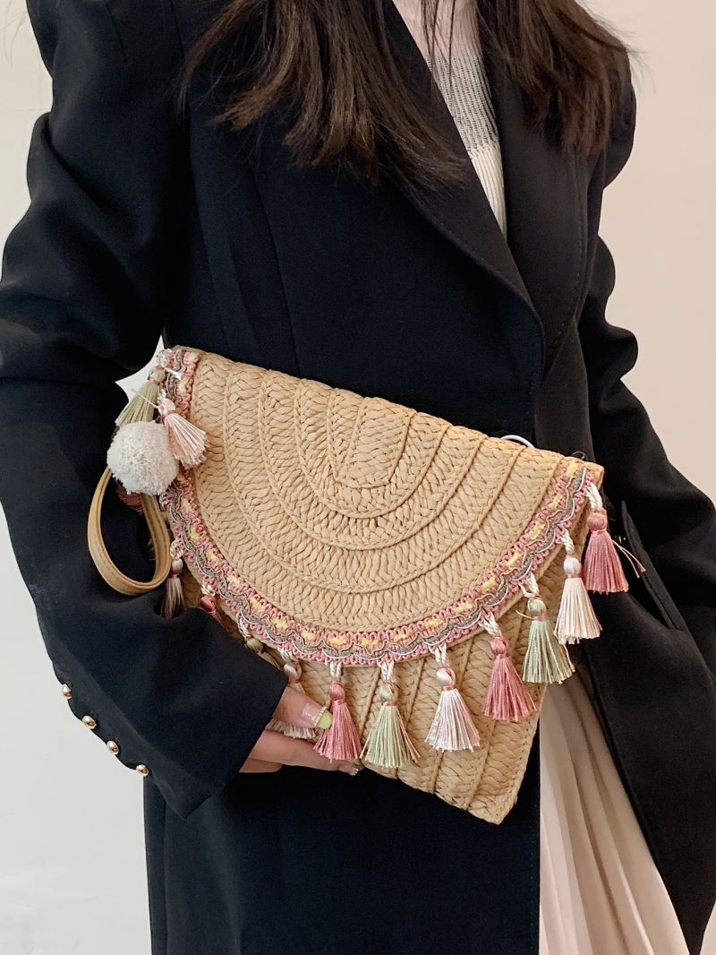 Pom Pom & Tassel Decor Straw Bag Flap Vacation