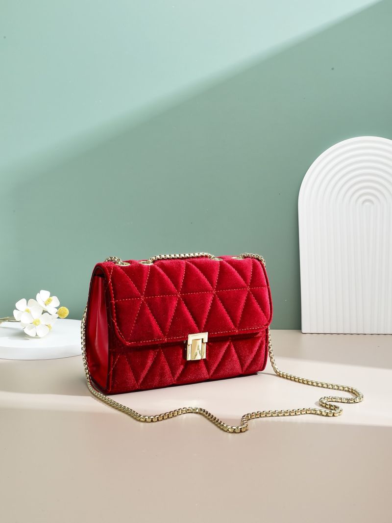 Red Square Bag Fashionable Push Lock Quilted Flap Chain Polyester
