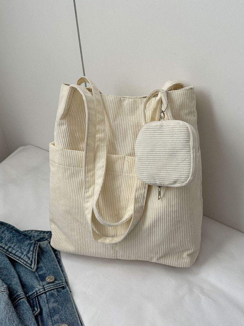 Beige Shopper Bag With Coin Purse Preppy Polyester