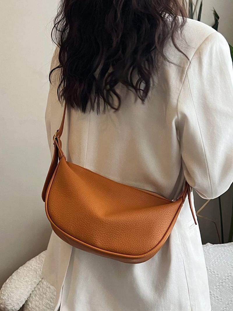 Brown Hobo Bag Elegant Litchi Embossed Adjustable Strap PU