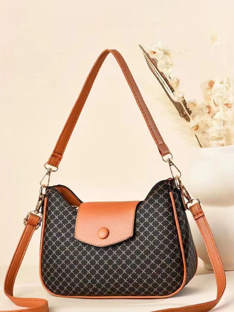 Plaid Pattern Hobo Bag Fashionable Button Detail Flap PU