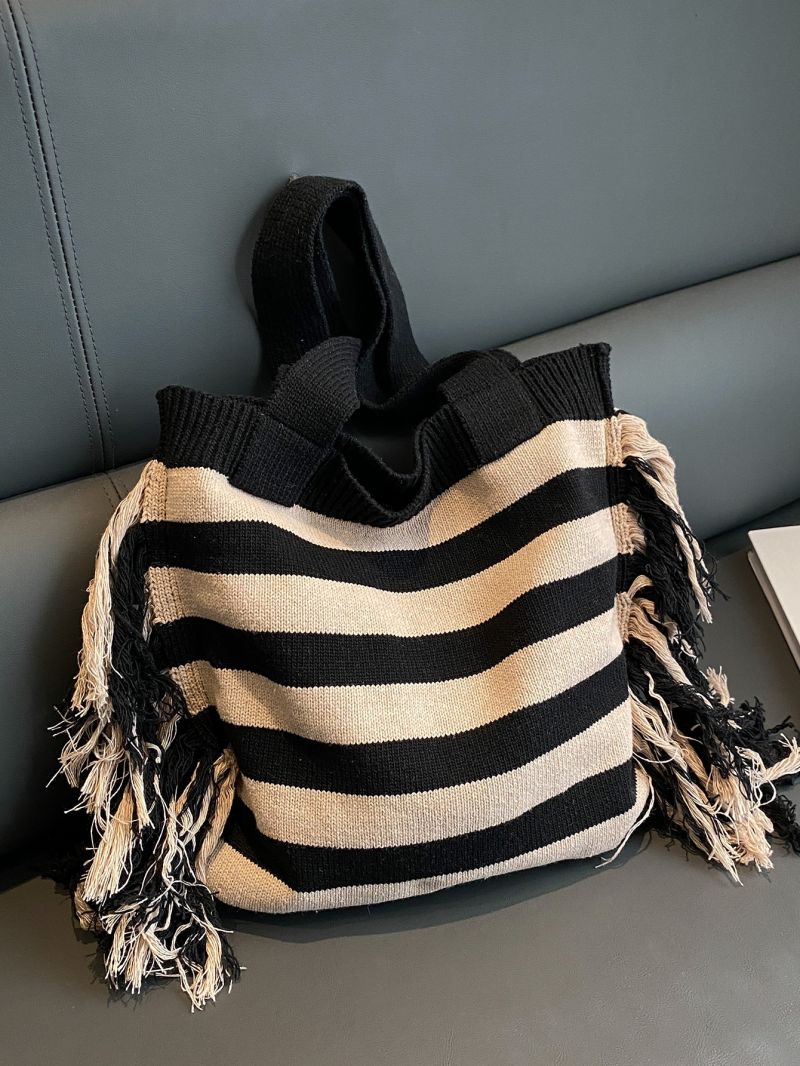 Medium Crochet Bag Double Handle Fringe Decor