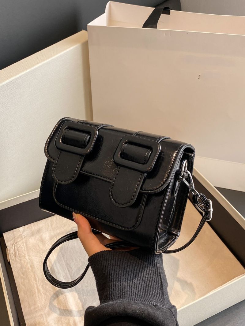 Mini Messenger Bag Fashionable Black Buckle Decor Flap PU