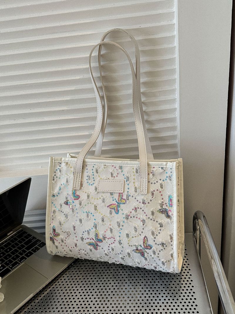 Sequin Decor Square Bag Medium Patch Decor White