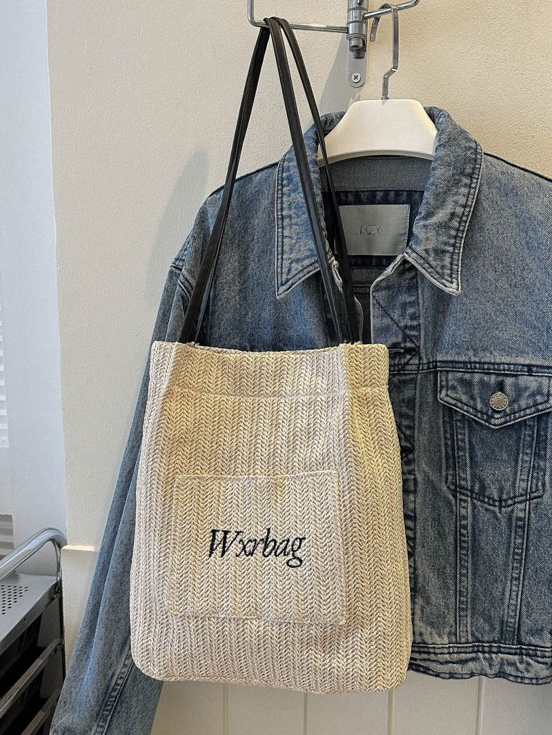 Medium Straw Bag Letter Embroidered Paper