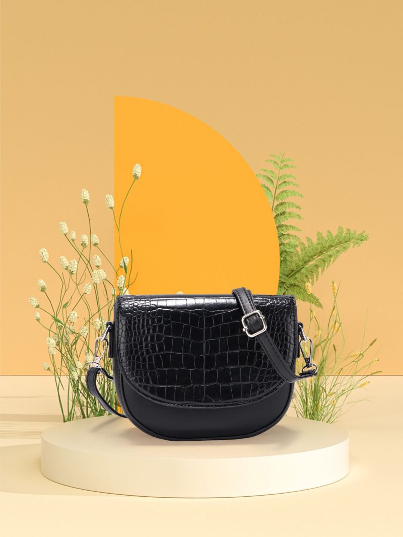 Crocodile Embossed Saddle Bag Mini Black