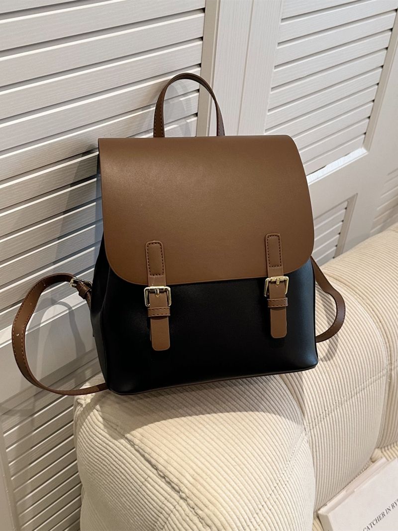 Small Flap Backpack Two Tone Buckle Decor PU