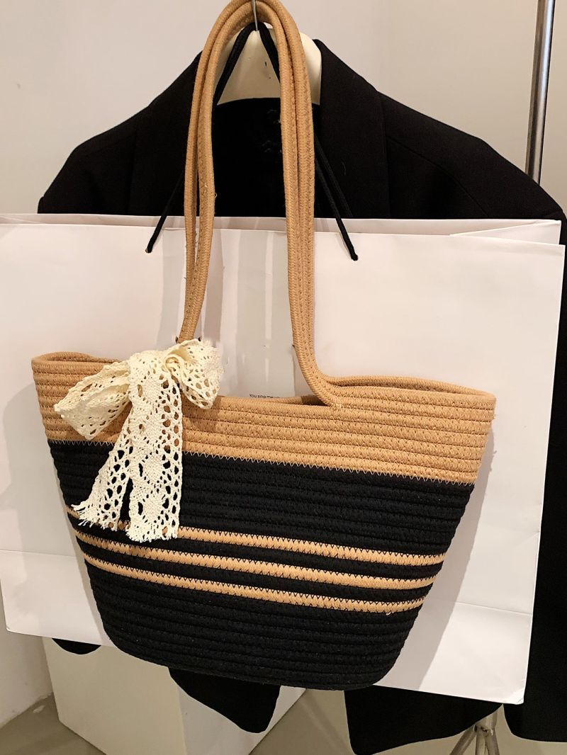 Medium Straw Bag Colorblock Twilly Scarf Decor