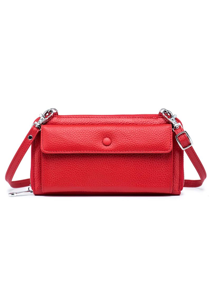 Genuine Leather Litchi Embossed Phone Wallet Snap Button Red