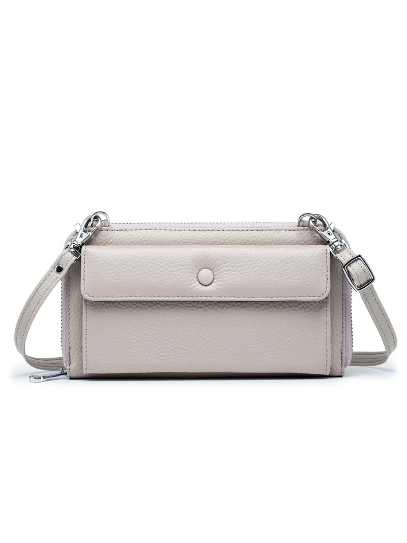 Genuine Leather Litchi Embossed Phone Wallet Snap Button Beige